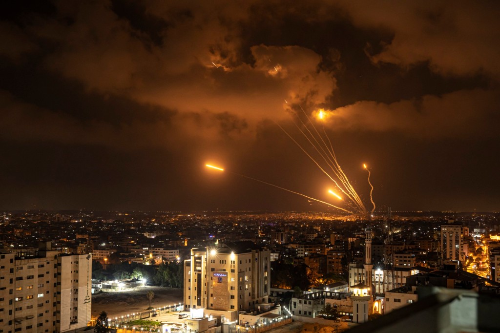 Rockets fired by Palestinian militants toward Israel, in Gaza City, Friday, Aug. 5, 2022. Palestinian officials say Israeli airstrikes on Gaza have killed at least 10 people, including a senior militant, and wounded 55 others. (AP Photo/Fatima Shbair)