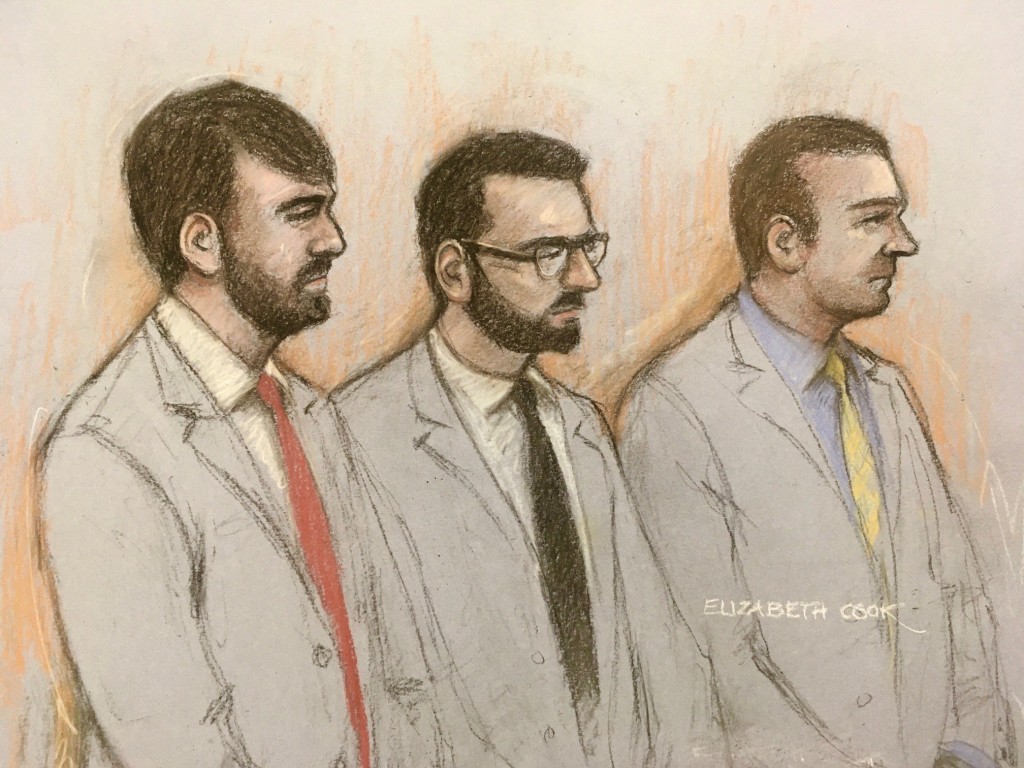 Court artist sketch by Elizabeth Cook of (left to right) serving Metropolitan police officers Pc William Neville, and Jonathon Cobban, along with former police officer Joel Borders appearing in the dock at Westminster Magistrates' Court, in London, charged with sharing