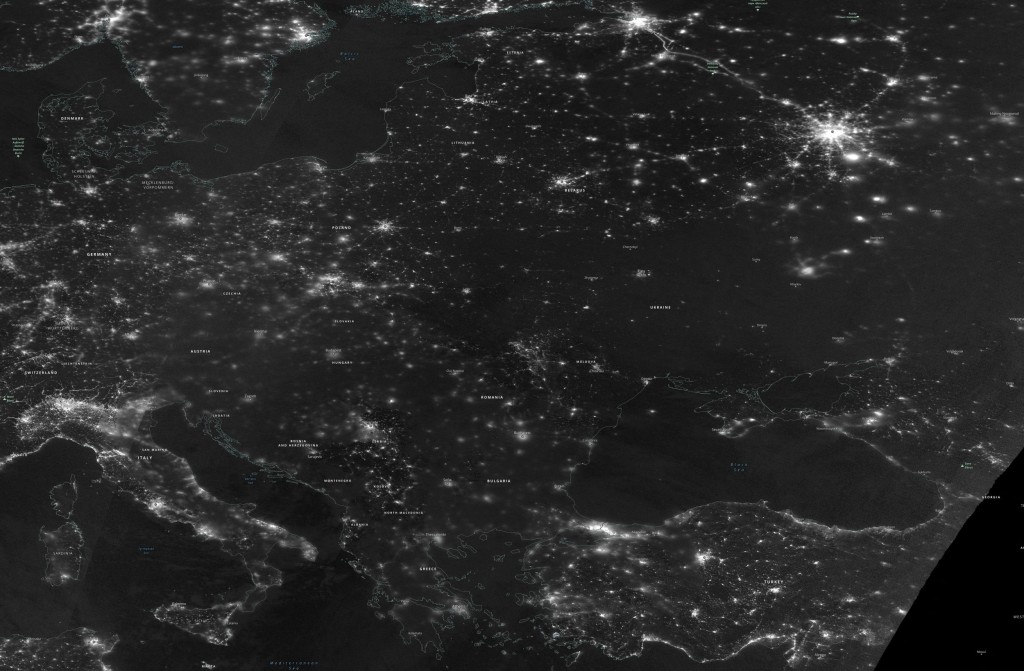 A greyscale satellite image indicating the night radiance of Europe from space on November 23, 2022, in this handout image obtained by Reuters on November 24, 2022. NASA WORLDVIEW/Handout via REUTERS THIS IMAGE HAS BEEN SUPPLIED BY A THIRD PARTY. MANDATORY CREDIT. IMAGES HAVE BEEN ENHANCED AND GREYSCALED AT THE SOURCE TO DISPLAY RADIANCE.