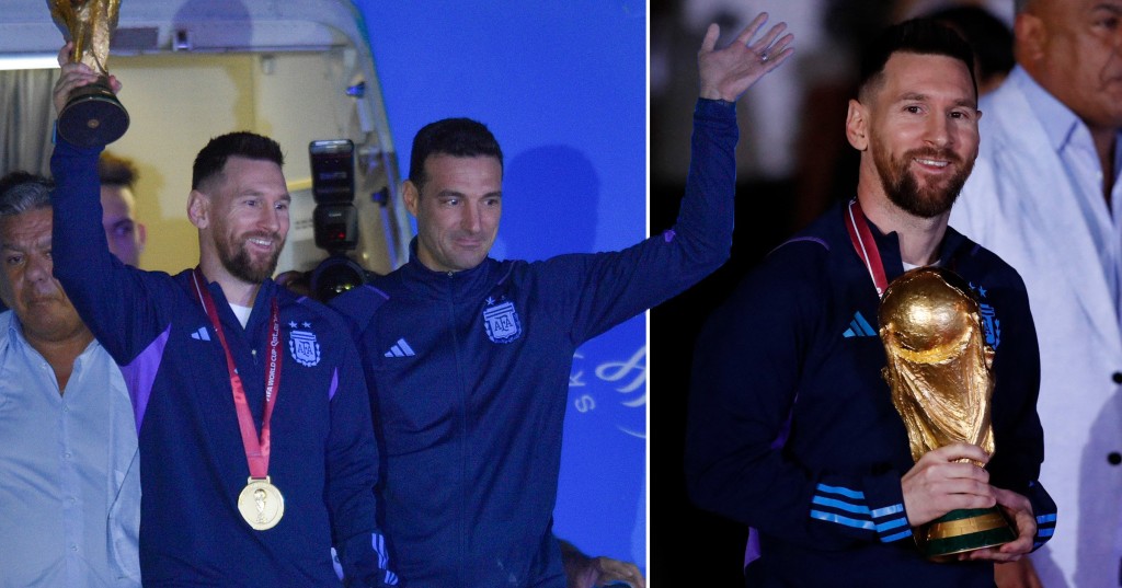 Coach Lionel Scaloni with his arm around Lionel Messi while holding the World Cup trophy.