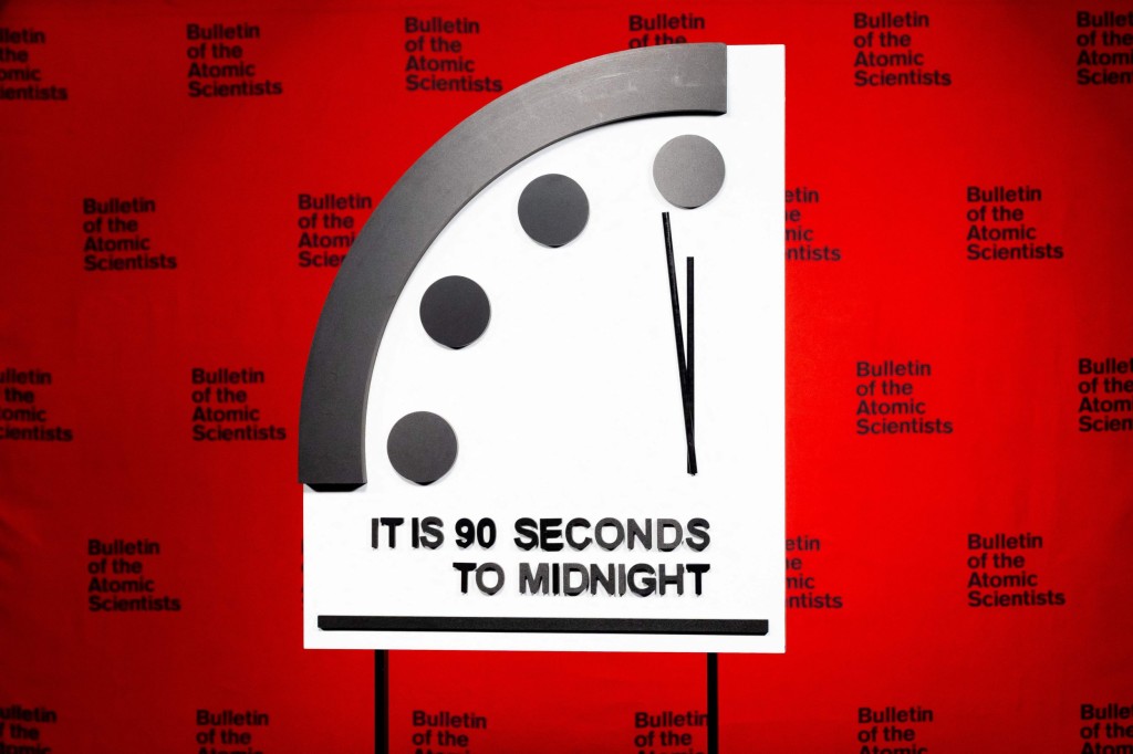 In this handout photo provided by Hastings Group Media on January 24, 2023, the Doomsday Clock reads