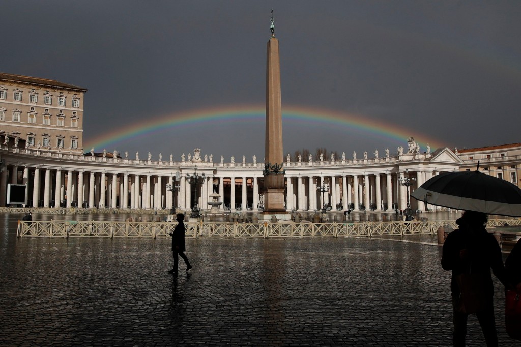 FILE - A rainbow shines over St.Peter's Square at the Vatican, on Jan. 31, 2021. In an interview with The Associated Press at The Vatican, Tuesday, Jan. 24, 2023, Pope Francis acknowledged that Catholic bishops in some parts of the world support laws that criminalize homosexuality or discriminate against the LGBTQ community, and he himself referred to homosexuality in terms of