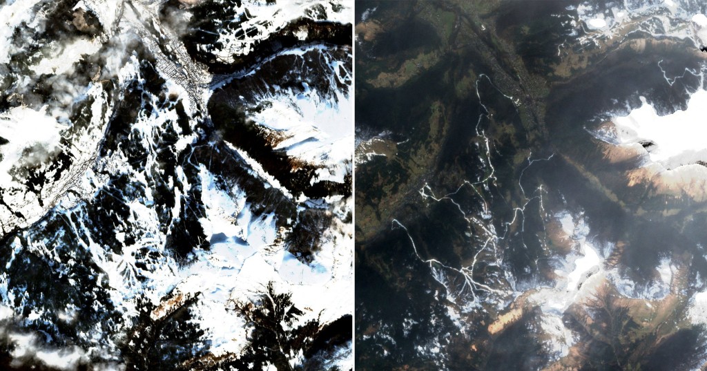 A side-by-side of the French mointain range in 2021 and in 2023.