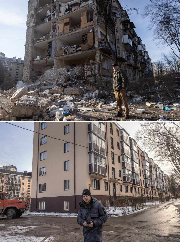 (EDITORS NOTE: COMPOSITE IMAGE of 1386192539 - TOP IMAGE and 1247221149 - BOTTOM IMAGE) In this before-and-after composite image, a comparison is made between (TOP IMAGE) KYIV, UKRAINE - MARCH 18: A man stands amid debris in front of a residential apartment complex that was heavily damaged by a Russian attack on March 18, 2022 in Kyiv, Ukraine. (Photo by Chris McGrath/Getty Images) (BOTTOM IMAGE) KYIV, UKRAINE - FEBRUARY 11: A man walks past a repaired residential apartment building that was badly damaged during Russian attacks, on February 11, 2023 in Kyiv, Ukraine. February 24 will mark one year since Russia's large-scale invasion of Ukraine. In the time since, fighting has largely concentrated in the east and south of the country, but the capital remains the target of regular air strikes. (Photo by Roman Pilipey/Getty Images)