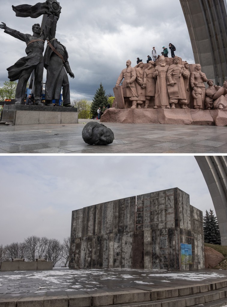 (EDITORS NOTE: COMPOSITE IMAGE of 1240255930 - TOP IMAGE and 1247053073 - BOTTOM IMAGE) In this before-and-after composite image, a comparison is made between (TOP IMAGE) KYIV, UKRAINE - APRIL 26: The 'Friendship of Peoples' monument is seen during its demolition on April 26, 2022 in Kyiv, Ukraine. Kyiv's Mayor Vitali Klitschko announced in a social media post that the 8-meter high statue of men holding a star-shaped emblem that says