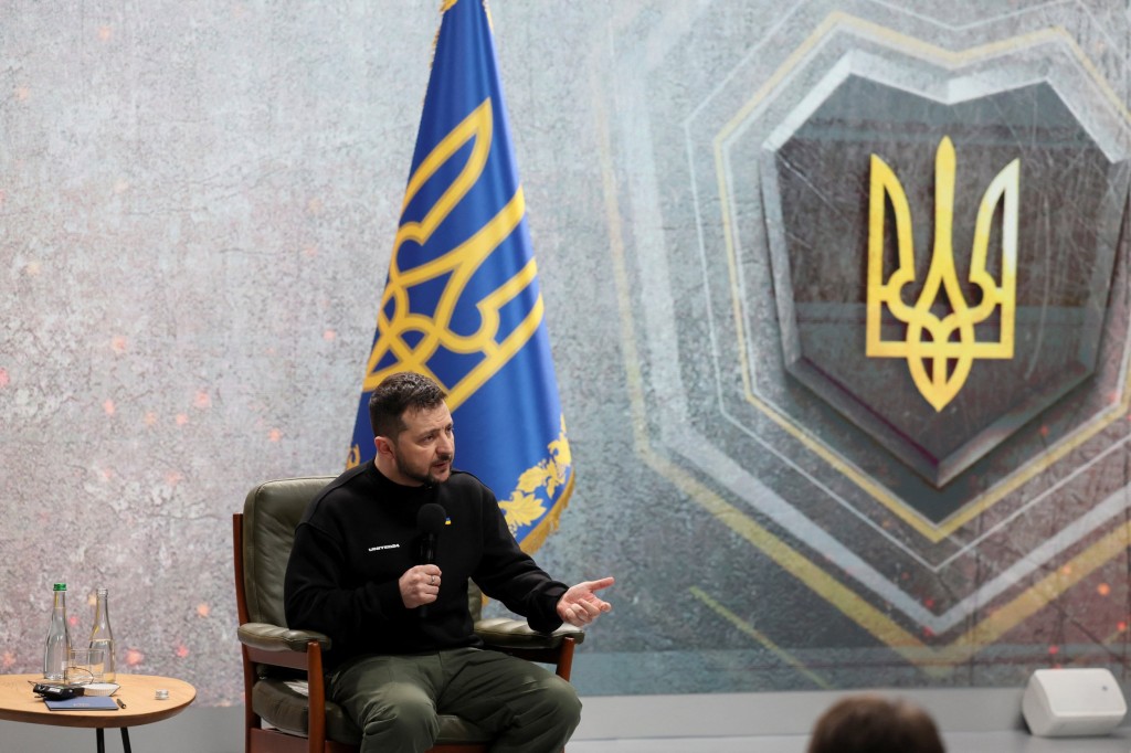 Ukraine's President Volodymyr Zelenskiy attends a news conference on the first anniversary of Russian invasion of Ukraine, amid Russia's attack on Ukraine, in Kyiv, Ukraine, February 24, 2023. REUTERS/Gleb Garanich