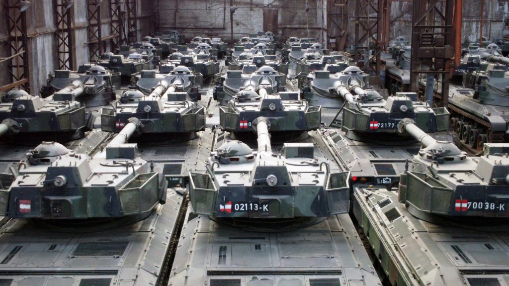 TOURNAI, BELGIUM - FEBRUARY 02: German-made Leopard 1 tanks, which were removed from the Belgian army's inventory years ago and sold to a defense industry company are seen at a warehouse in Tournai, Belgium on February 02, 2023. The Belgian government is considering buying back the tanks from the Belgian defense company OIP Land Systems at a