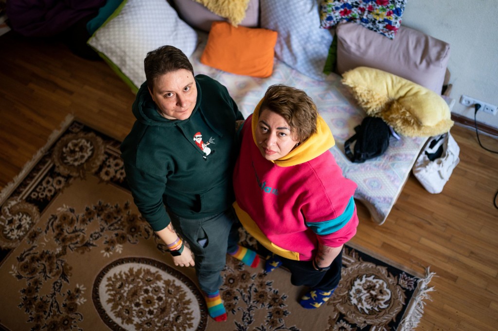 Jul Sirous, security manager and Olha Onipko shelter coordinator during visit to a KyivPride LGBTQi shelter in Kyiv, Ukraine, ahead of the first anniversary on Friday of the Russian invasion of Ukraine. Picture date: Thursday February 23, 2023. PA Photo. Photo credit should read: Aaron Chown/PA Wire