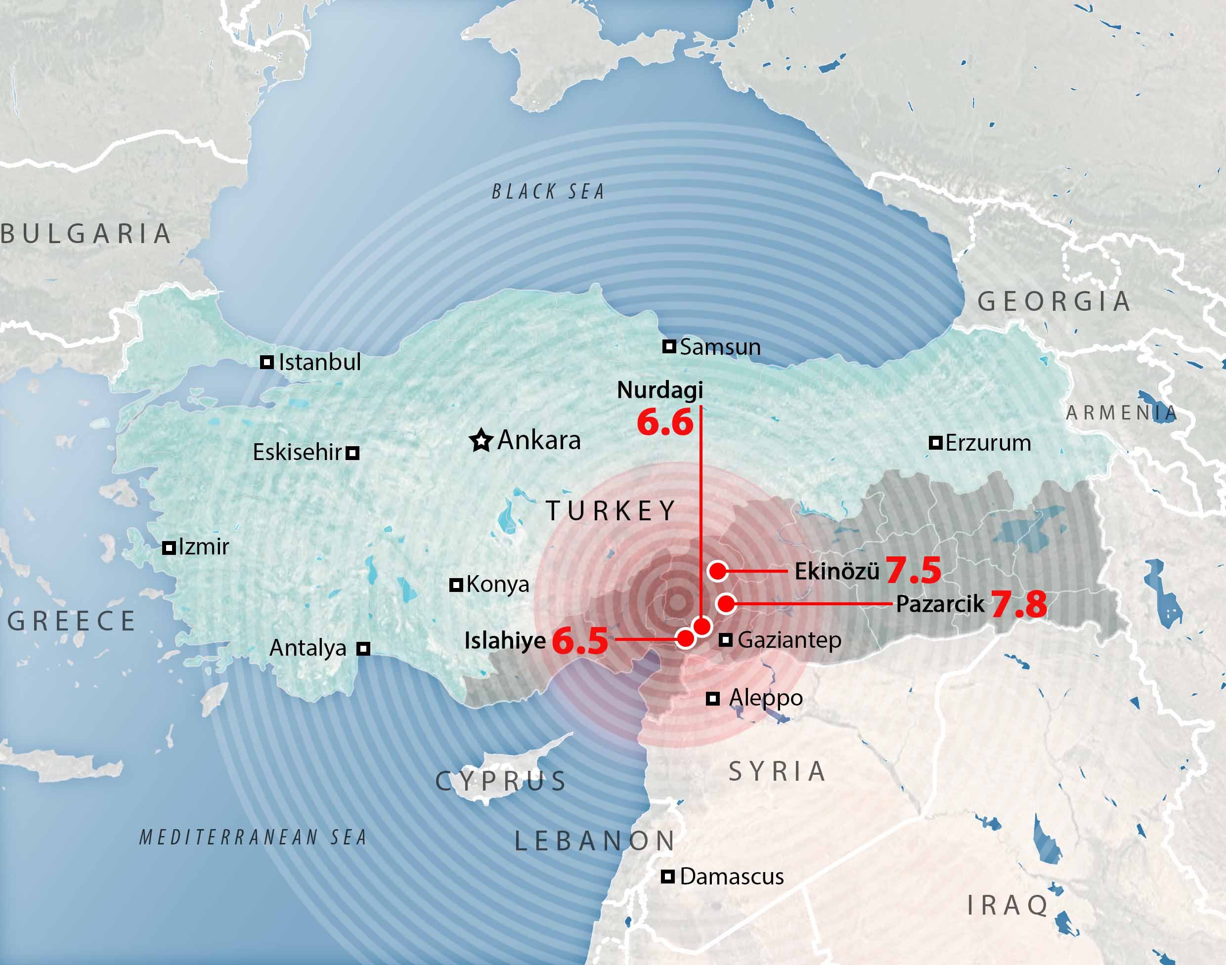 Map shows earthquakes and aftershocks felt across Turkey and Syria