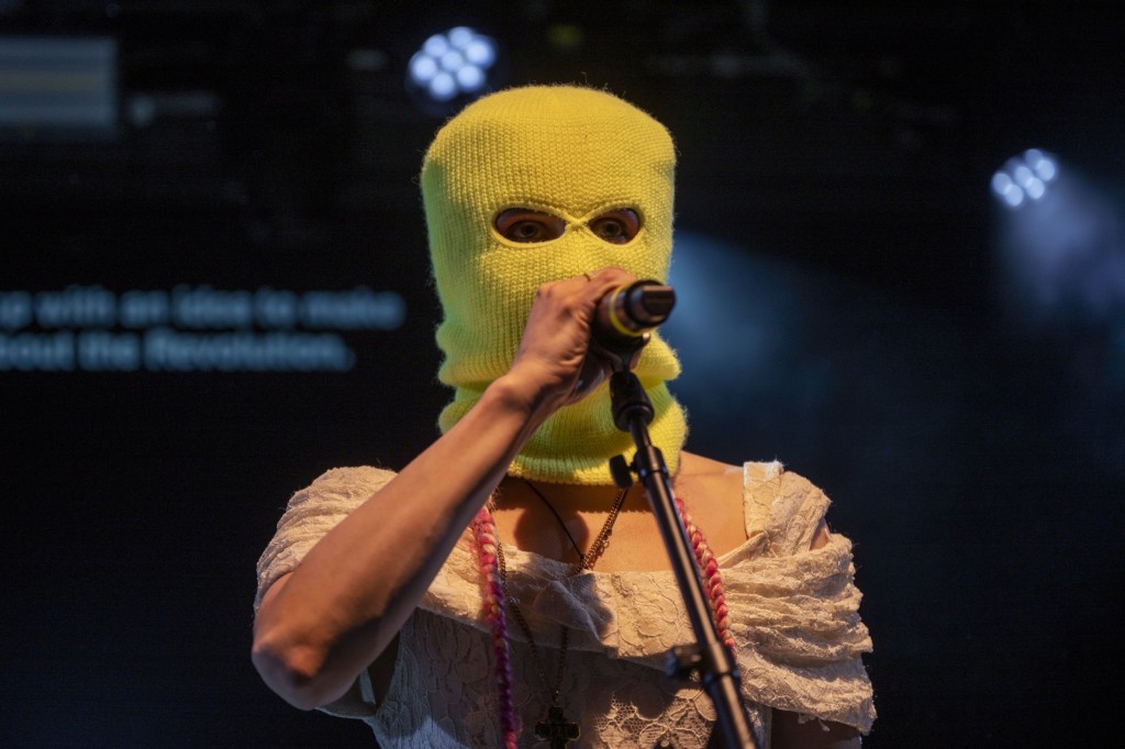 Mandatory Credit: Photo by GEORGIOS KEFALAS/EPA-EFE/REX/Shutterstock (12986099g) Russian political activist and member of the group Pussy Riot, Masha Alyokhina performs on stage during a concert at the Kaserne in Basel, Switzerland, 14 June 2022. Pussy Riot in concert, Basel, Switzerland - 14 Jun 2022