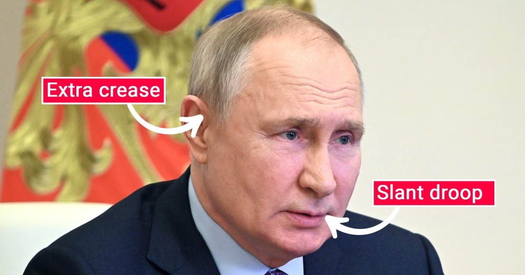 An image of Vladimir Putin with arrows pointing to his ears and mouth.