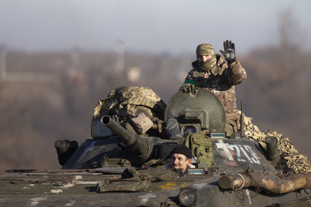 DONETSK OBLAST, UKRAINE - JANUARY 26: Ukrainian soldiers are seen on their ways to the frontlines with their armored military vehicles as the strikes continue on the Donbass frontline, during Russia and Ukraine war in Donetsk Oblast, Ukraine on January 26, 2023. (Photo by Mustafa Ciftci/Anadolu Agency via Getty Images)