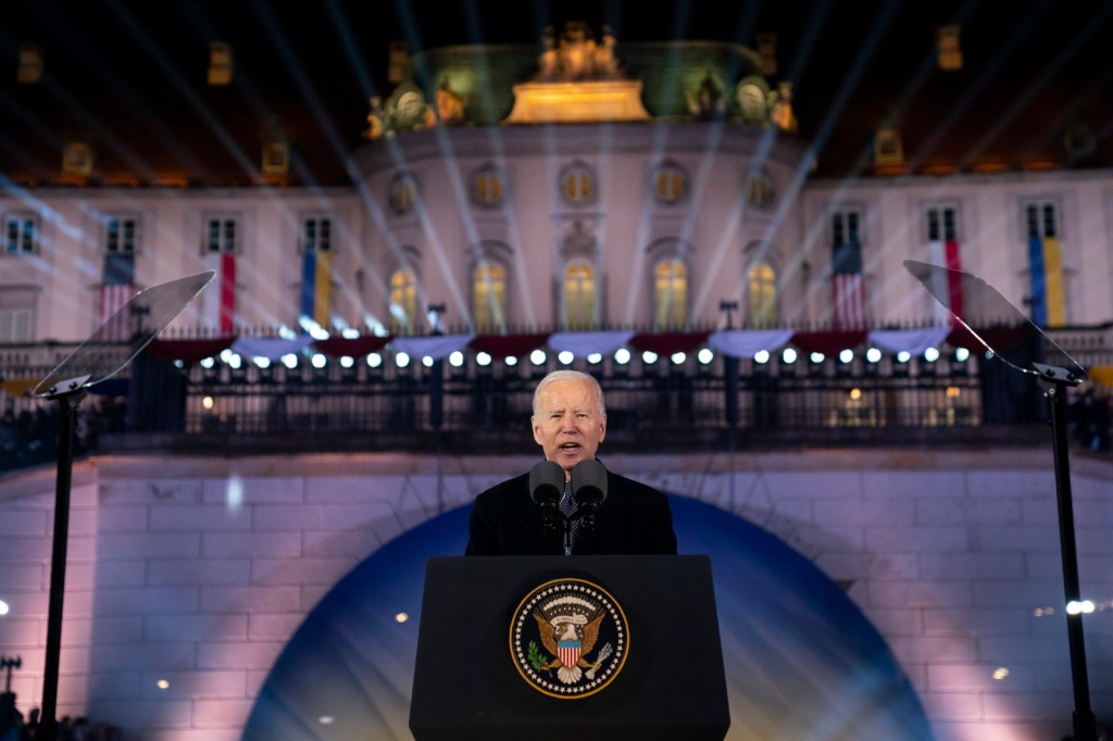 President Joe Biden delivers a speech marking the one-year anniversary of the Russian invasion of Ukraine, at the Royal Castle Gardens, Tuesday, Feb. 21, 2023, in Warsaw. (AP Photo/ Evan Vucci)