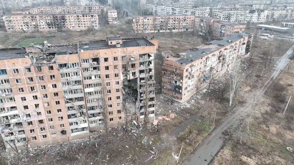 An aerial view shows damaged buildings, as Russia's attack on Ukraine continues, in Vuhledar, Donetsk region, Ukraine, in this screen grab taken from a handout video released on January 27, 2023. 72nd Separate Mechanized Brigade via Facebook/Handout via REUTERS THIS IMAGE HAS BEEN SUPPLIED BY A THIRD PARTY. MANDATORY CREDIT. NO RESALES. NO ARCHIVES