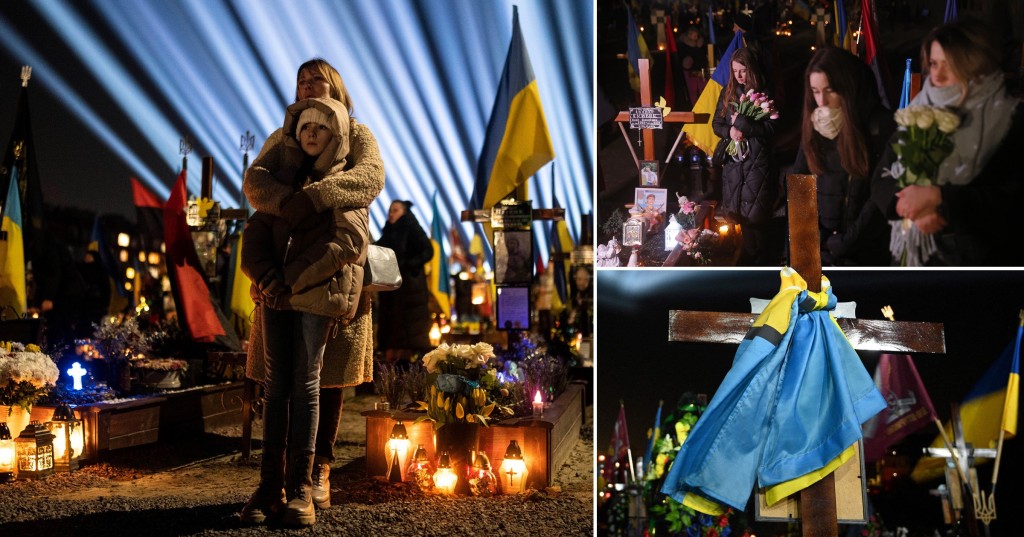 Ukrainians gathered in the Field of Mars graveyard, in the Lychakiv military cemetery to mark the anniversary of the start of the war.